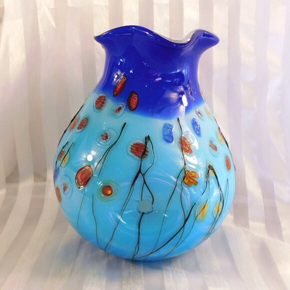 Large Blue Art Glass Millefiori Vase # 26788 - Picture 3 of 7
